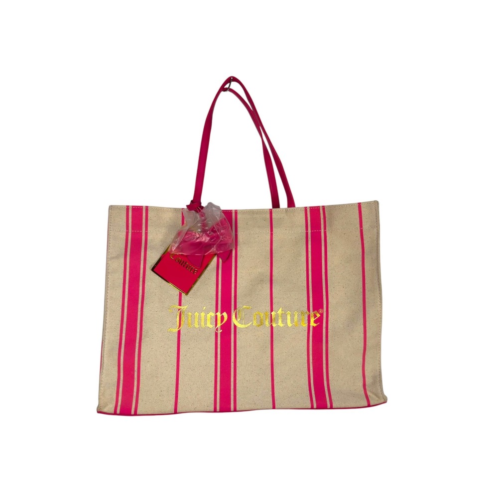 Juicy Couture Tote Bag Large Pink Striped Canvas Gold Logo Y2K Barbiecore NEW